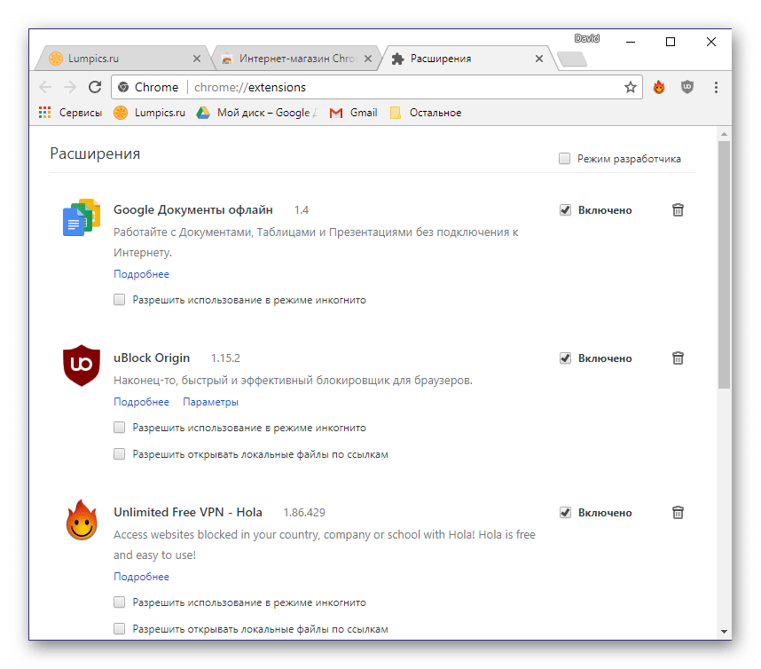 Extensions installées dans Chrome