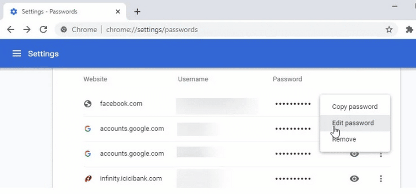 Saved passwords in Google Chrome