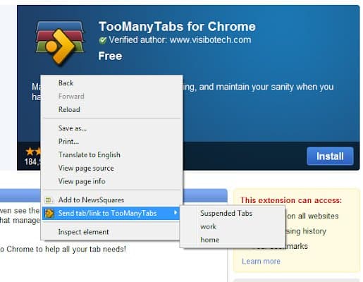 TooManyTabs extensão para o Google Chrome
