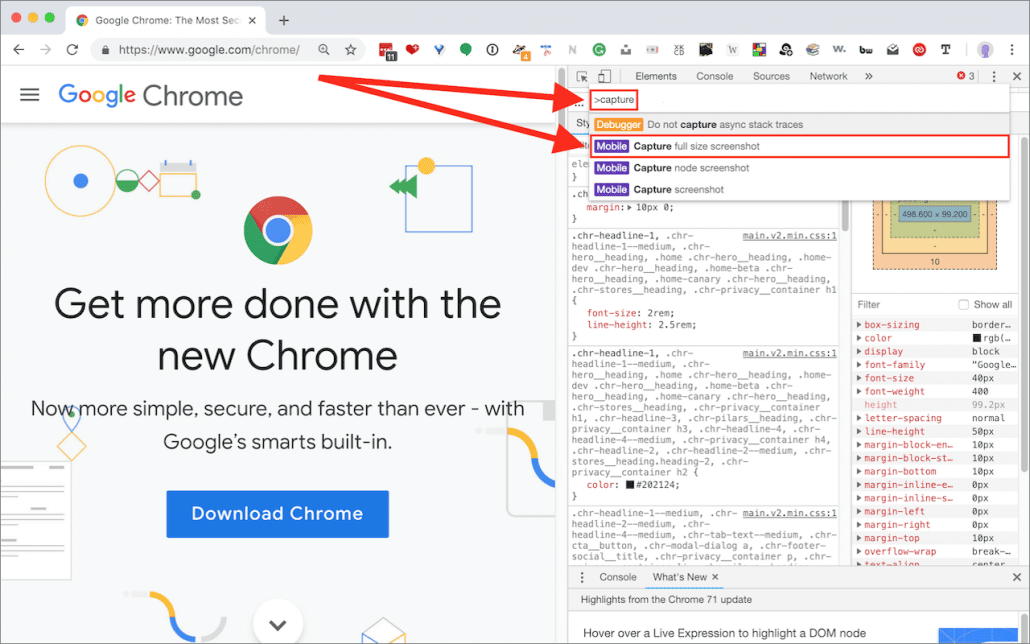 Screenshot in Google Chrome via developer tools